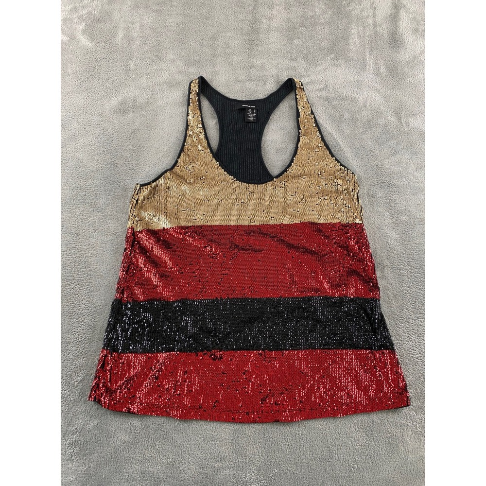 DKNY Jeans Womens Sequin Racerback Tank Top Gold Red Black Striped Size M